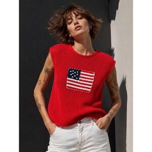 Blu Pepper American Flag Crochet Knit Top Women L Red Patriotic NWT